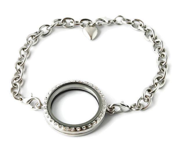 30mm CZ Round Floating Charm Locket Bracelet With Security Clasp