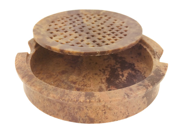 Handmade Round Soapstone Soap Dish With Removable Lattice Top