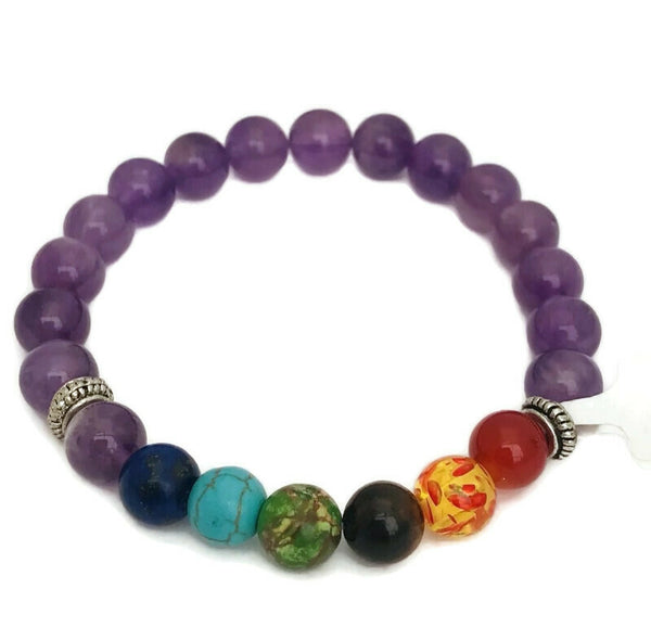 7 Stone Chakra Stretch Bracelet With Amethyst Band