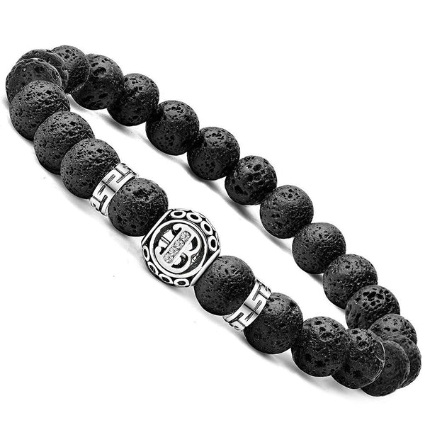 Personalized initial B black lava bead essential oil diffuser bracelet with crystal accent