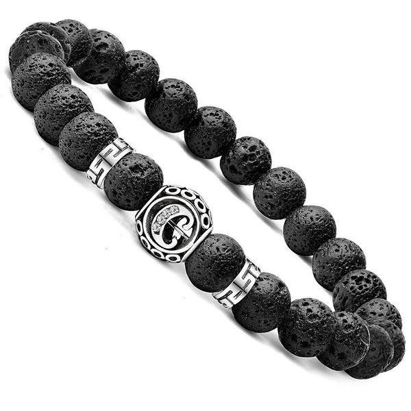 Personalized initial C black lava bead essential oil diffuser bracelet with crystal accent