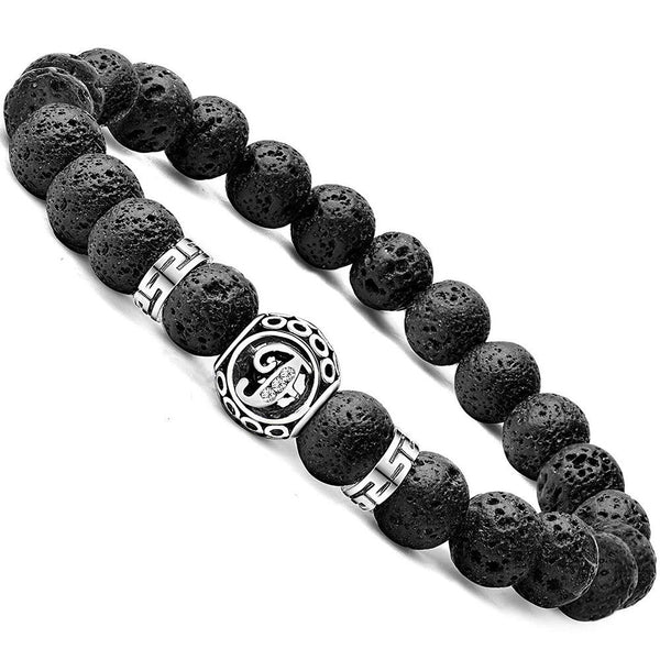 Personalized initial F black lava bead essential oil diffuser bracelet with crystal accent