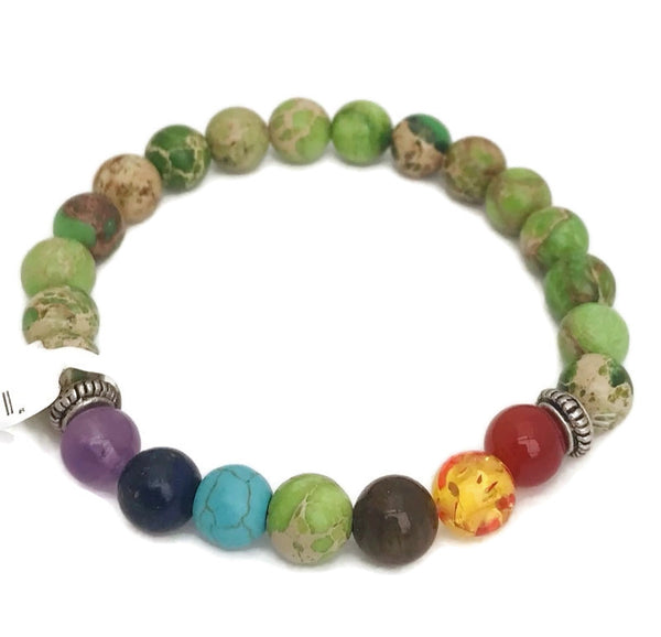 7 Stone Chakra Stretch Bracelet With Green King Stone Band