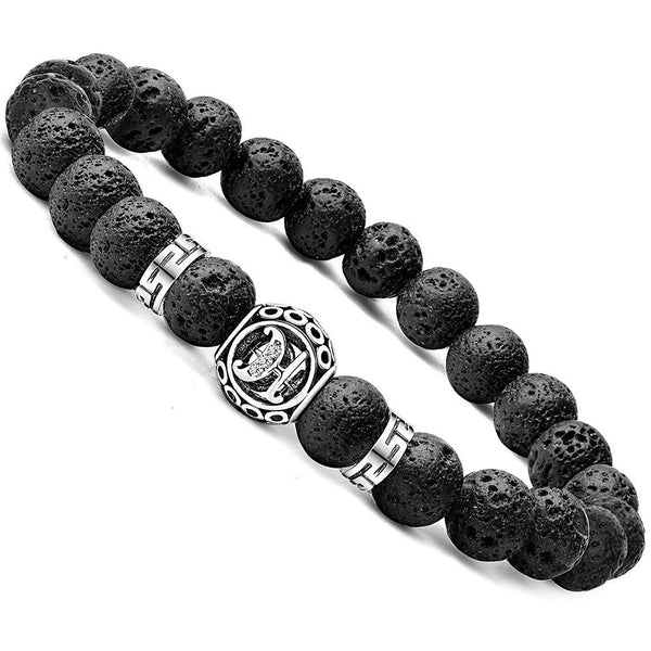 Personalized initial H black lava bead essential oil diffuser bracelet with crystal accent
