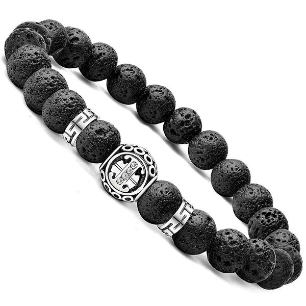 Personalized initial I black lava bead essential oil diffuser bracelet with crystal accent