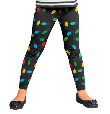 Children's Christmas Leggings Size L Ages 8-10 Black With Colorful String Lights