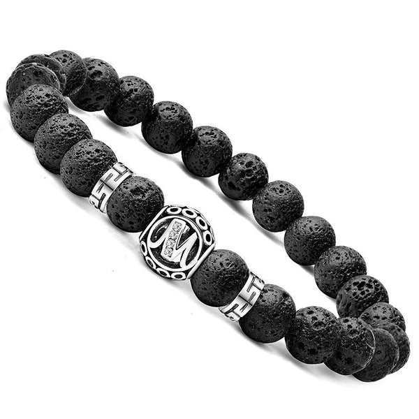 Personalized initial M black lava bead essential oil diffuser bracelet with crystal accent