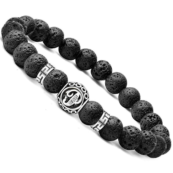 Personalized initial P black lava bead essential oil diffuser bracelet with crystal accent