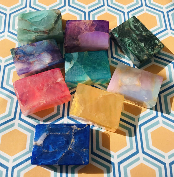 T.S. Pink SoapRock Quarry Bar Gemstone Soaps Showing Jade Opal Rose Quartz Lapis Lazuli Citrine White Opal Aquamarine Amethyst And Malechite
