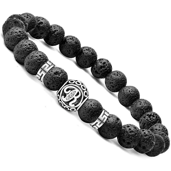 Personalized initial R black lava bead essential oil diffuser bracelet with crystal accent