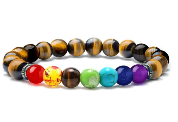 7 Stone Chakra Stretch Bracelet With Tiger Eye Band