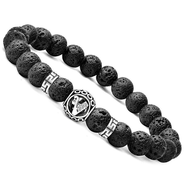 Personalized initial V black lava bead essential oil diffuser bracelet with crystal accent