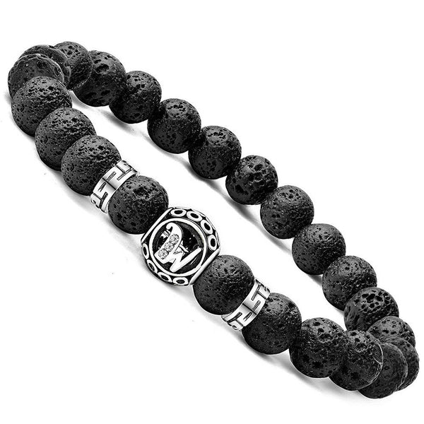 Personalized initial W black lava bead essential oil diffuser bracelet with crystal accent