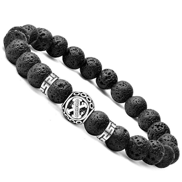 Personalized initial X black lava bead essential oil diffuser bracelet with crystal accent
